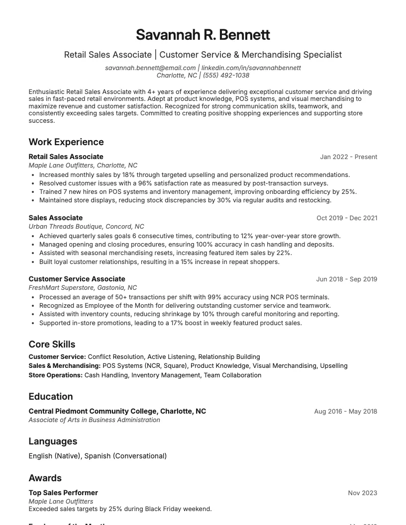 Retail Sales Associate Resume Example