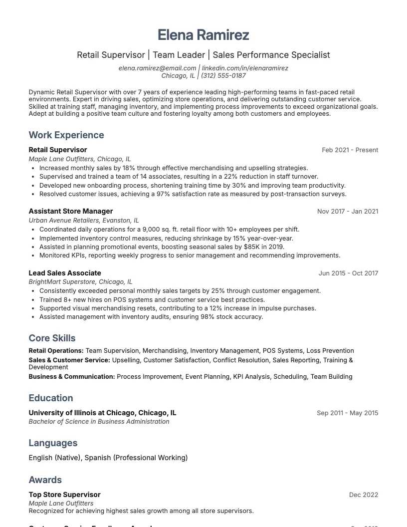 Retail Supervisor Resume Example