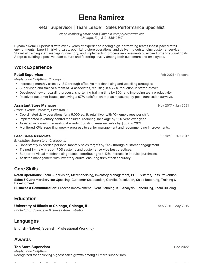 Retail Supervisor Resume Example