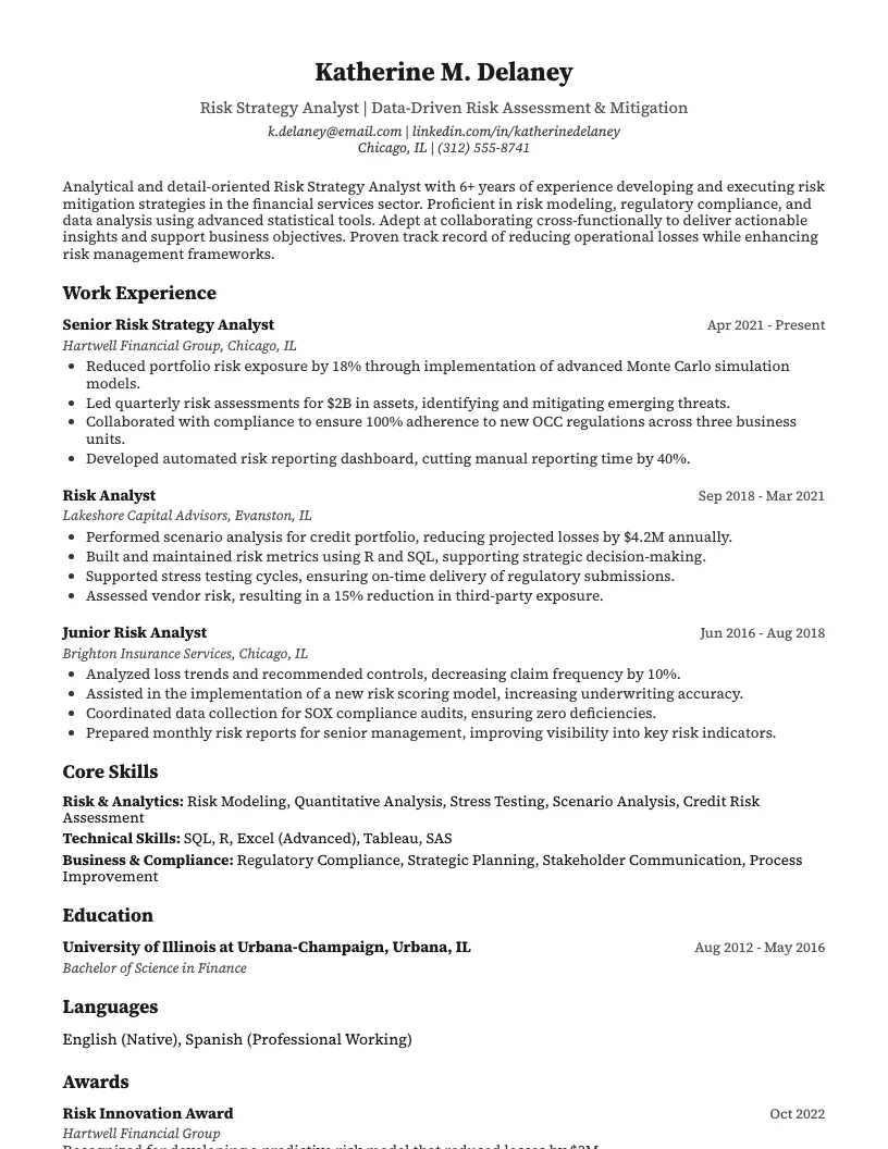 Risk Strategy Analyst Resume Example