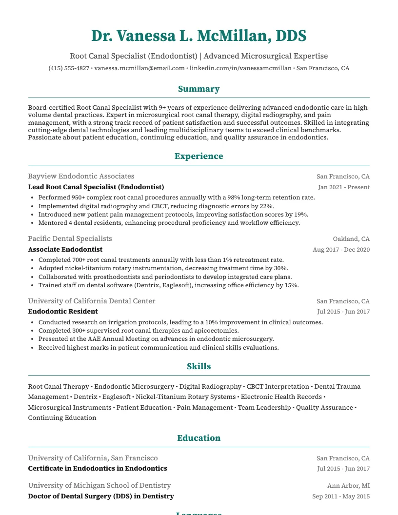 Root Canal Specialist Resume Example