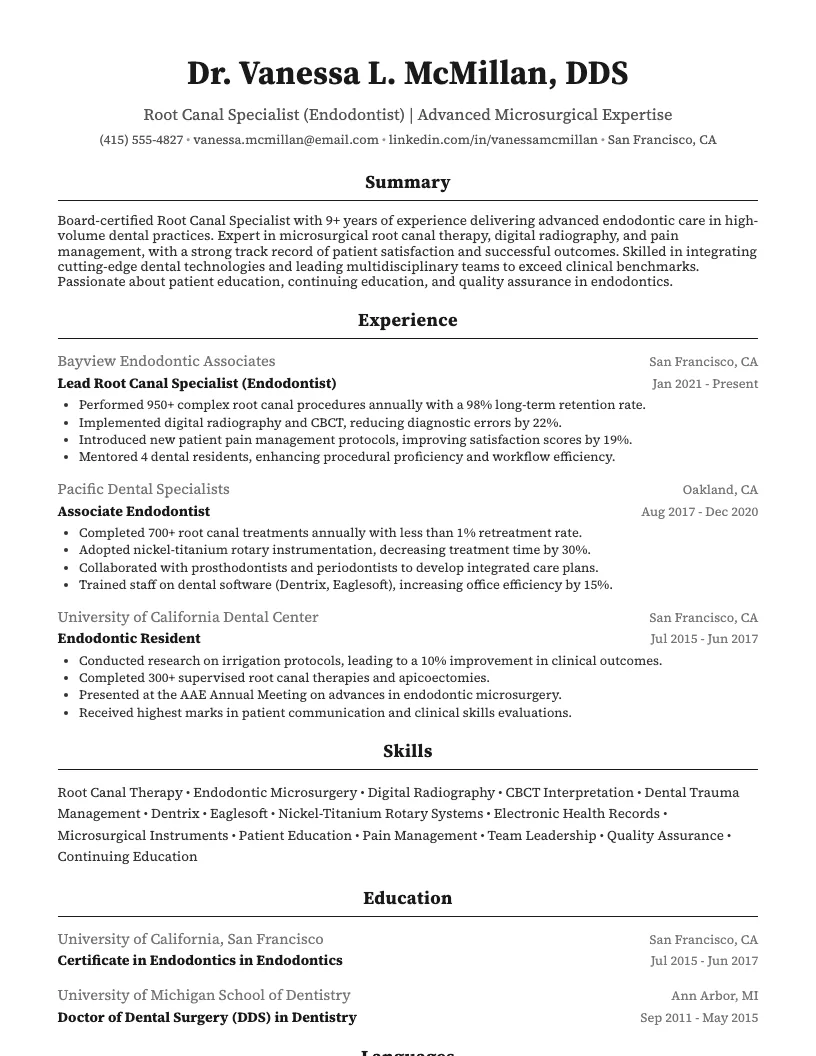 Root Canal Specialist Resume Example