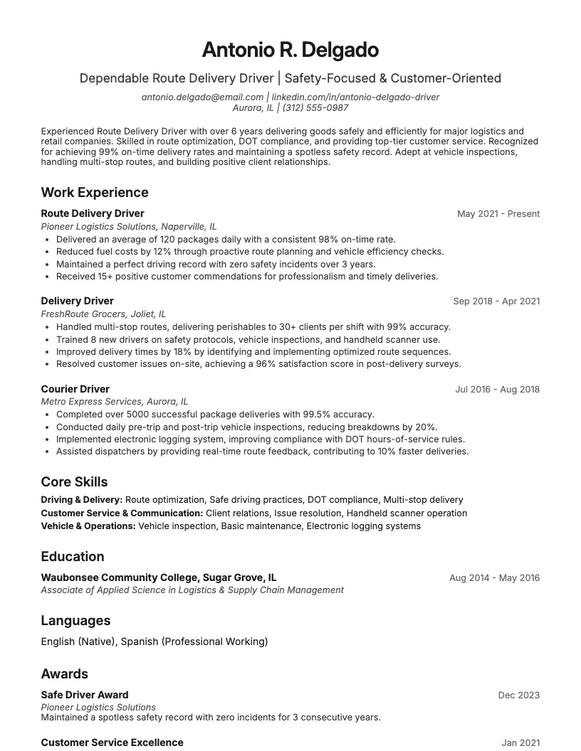 Route Delivery Driver Resume Example
