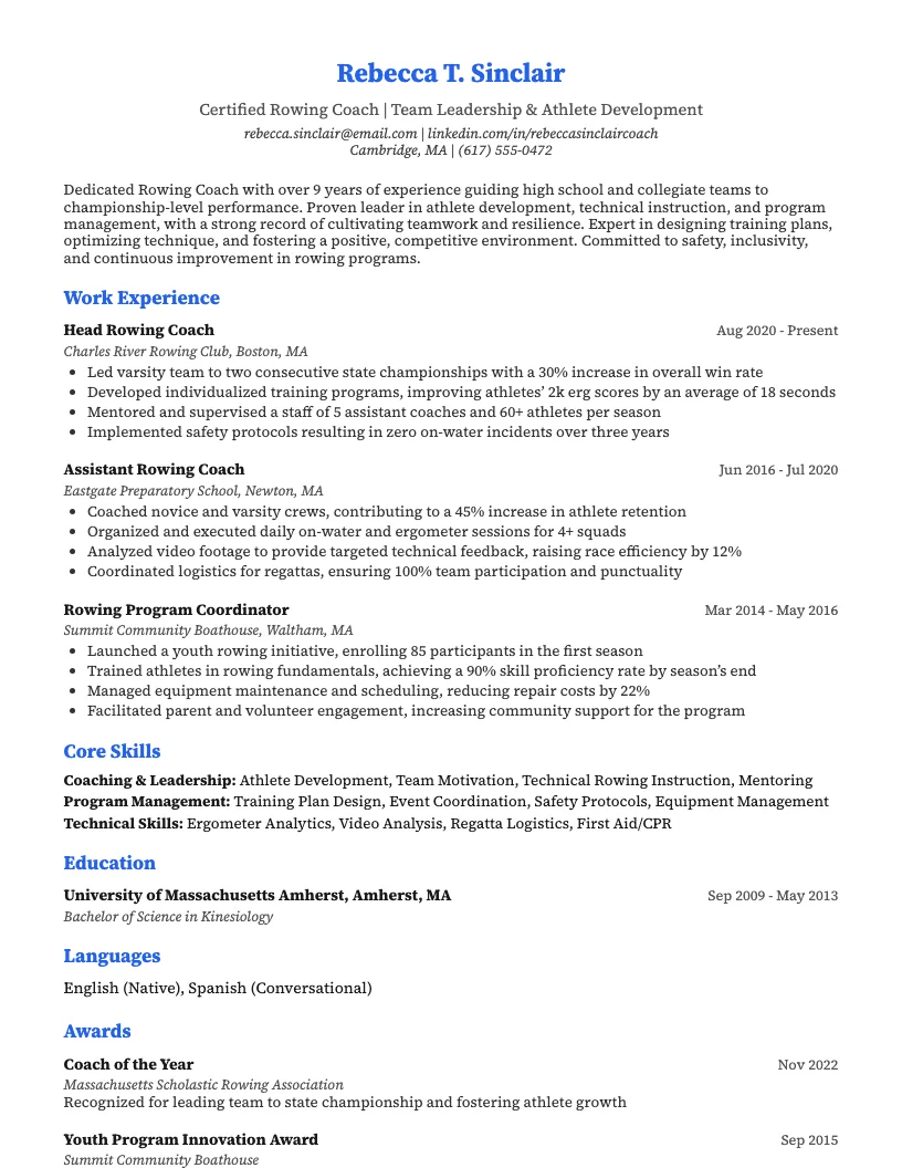Rowing Coach Resume Example