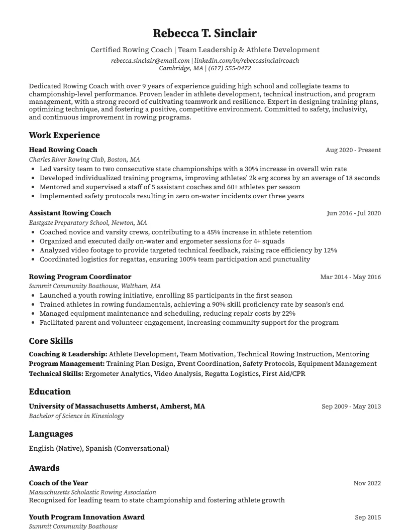 Rowing Coach Resume Example