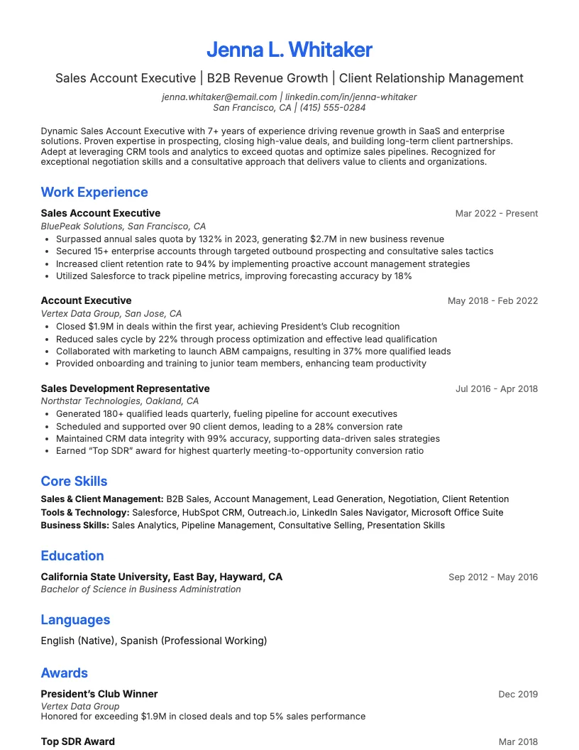 Sales Account Executive Resume Example
