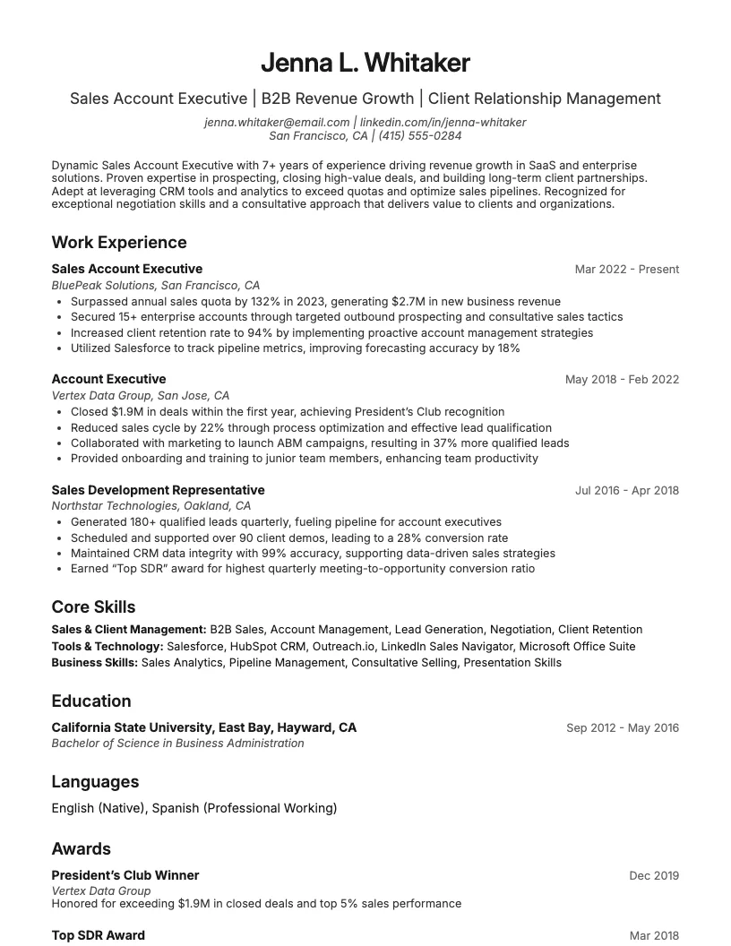 Sales Account Executive Resume Example