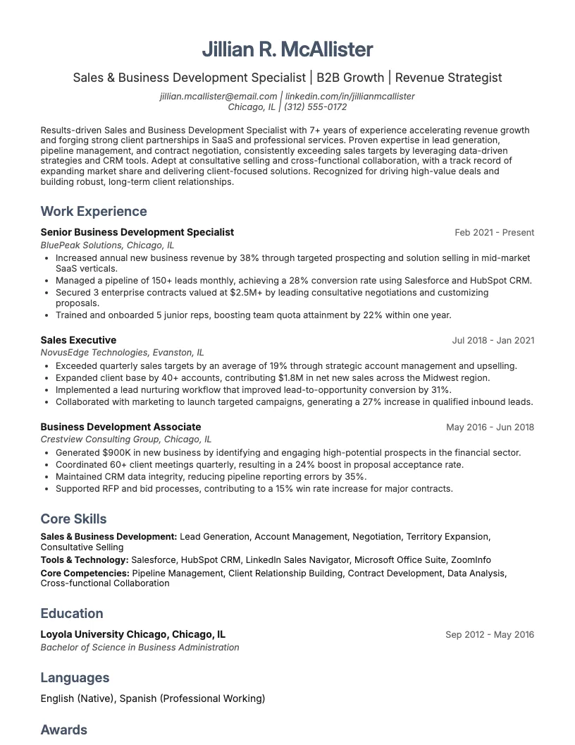 Sales And Business Development Specialist Resume Example