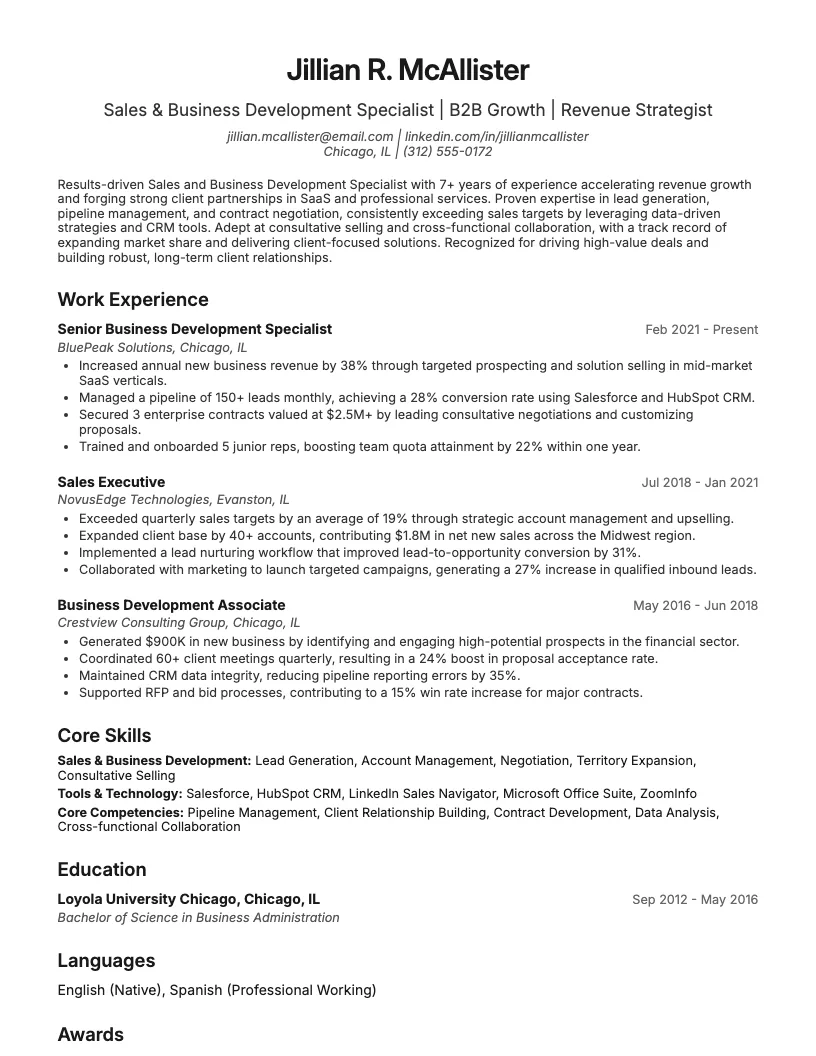 Sales and Business Development Specialist Resume Example