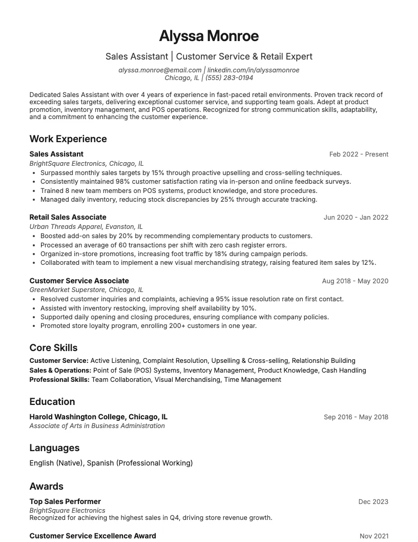 Sales Assistant Resume Example