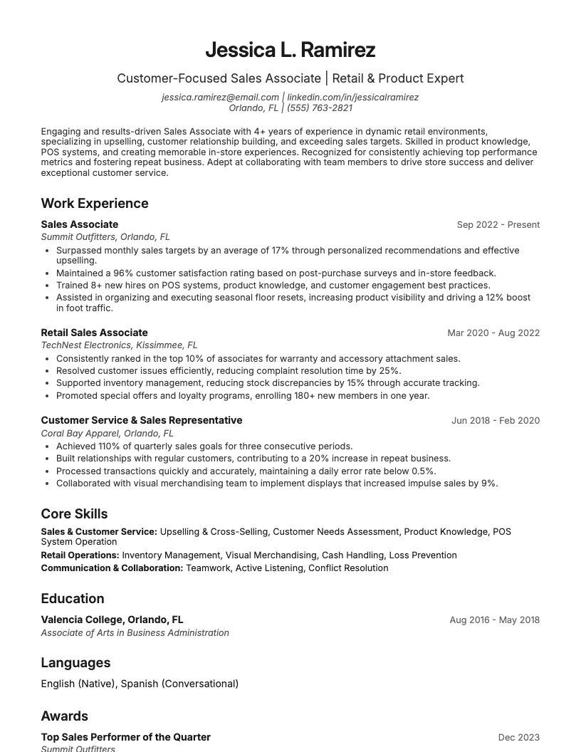 Sales Associate Resume Example