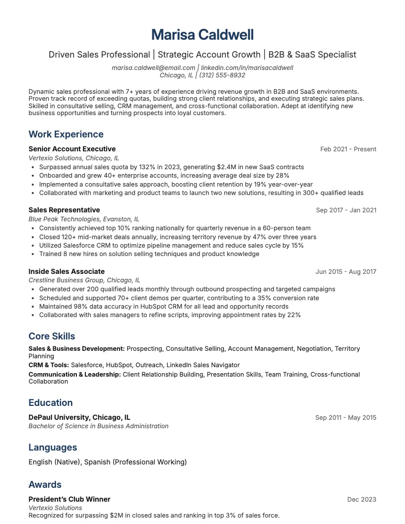 Sales resume example