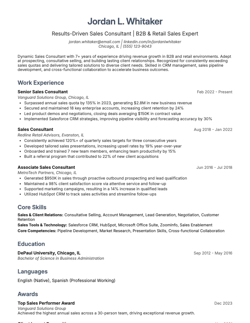 Sales Consultant Resume Example