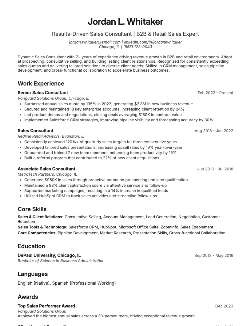 Sales Consultant Resume Example