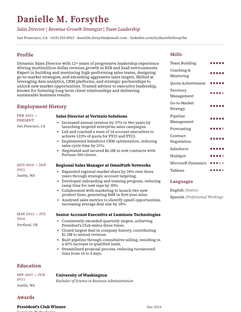 Sales Director Resume Example