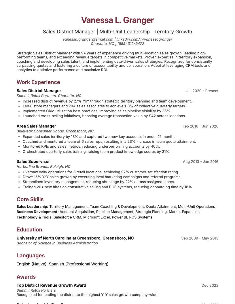 Sales District Manager Resume Example