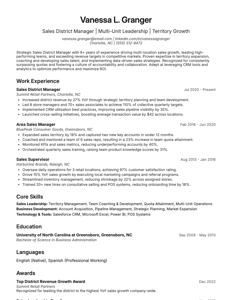 Sales District Manager Resume Example