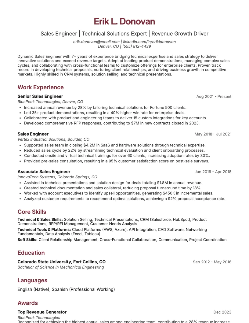 Sales Engineer Resume Example