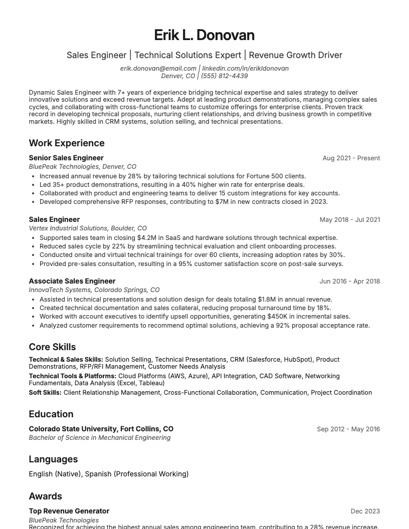 Sales Engineer Resume Example