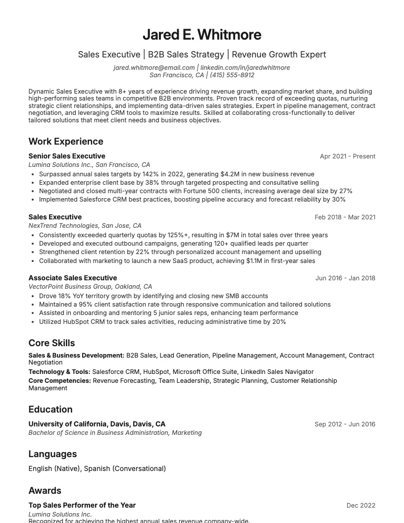 Sales Executive Resume Example
