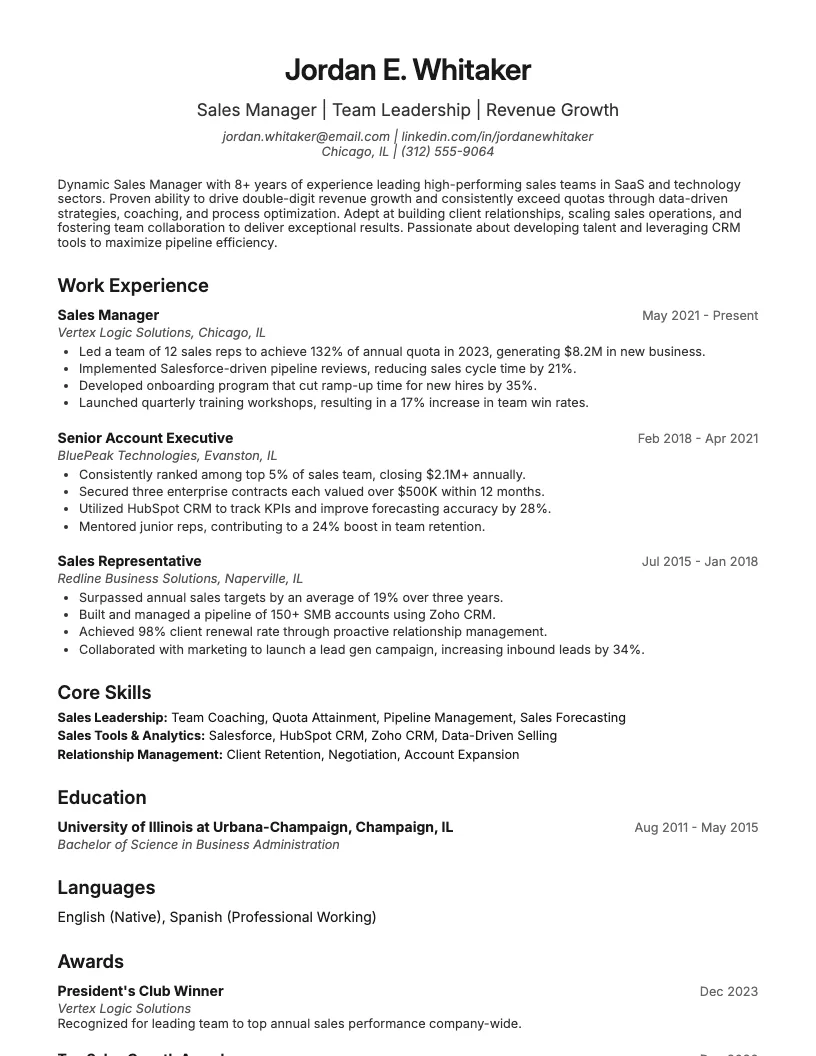 Sales Manager Resume Example