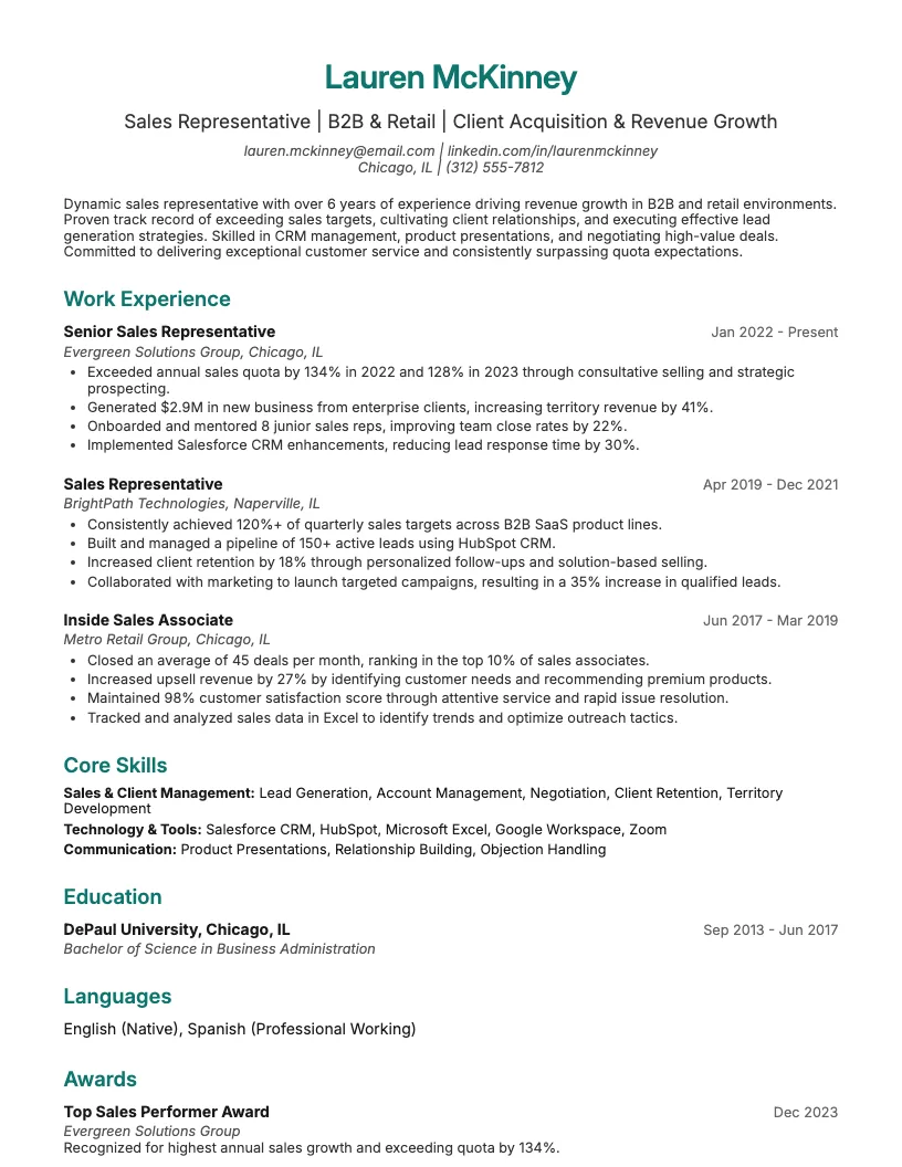 Sales Representative Resume Example