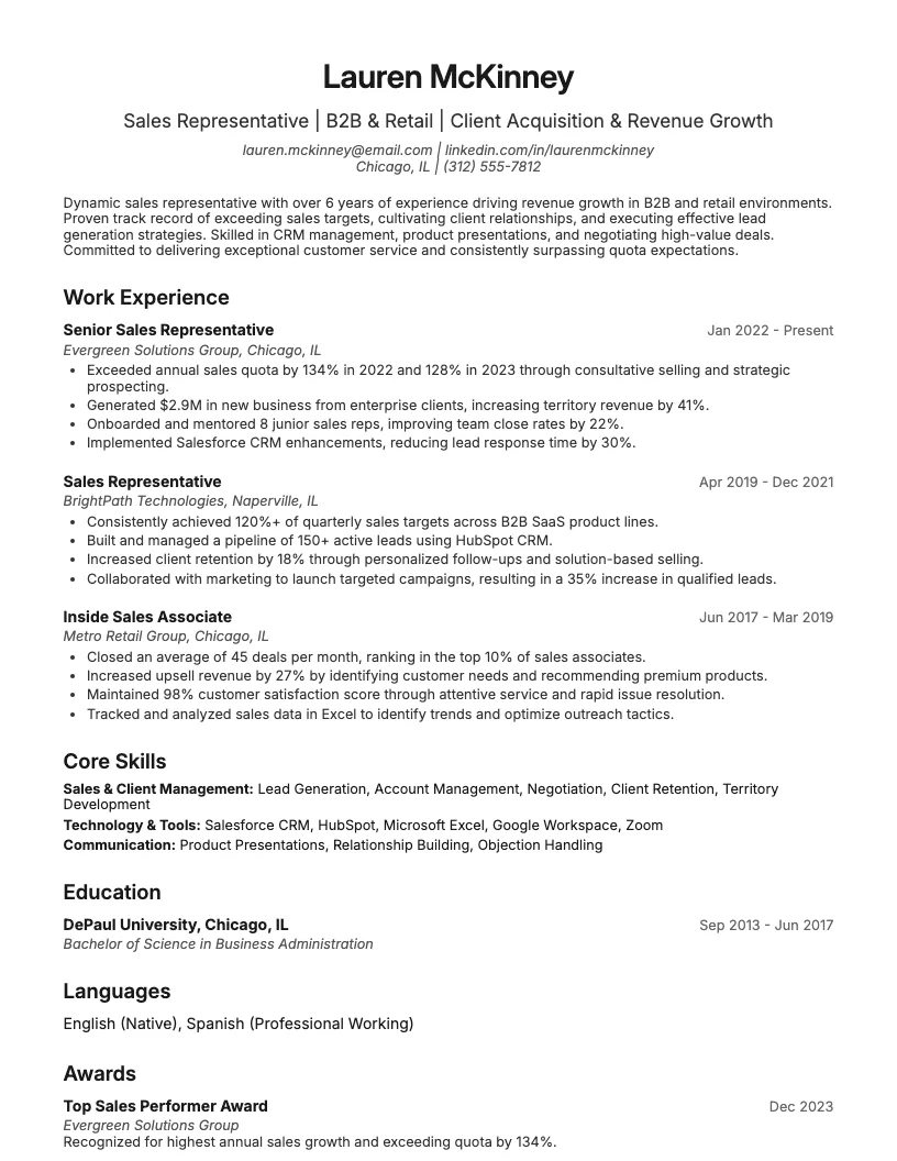 Sales Representative resume example