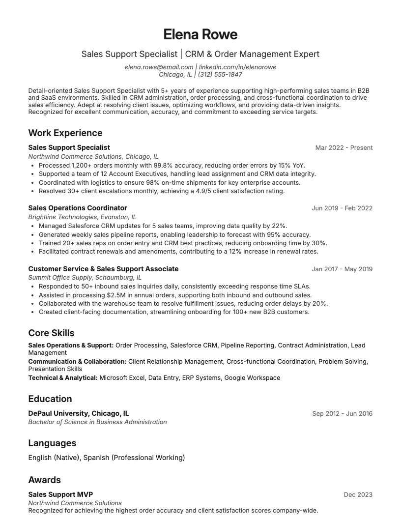 Sales Support Specialist Resume Example
