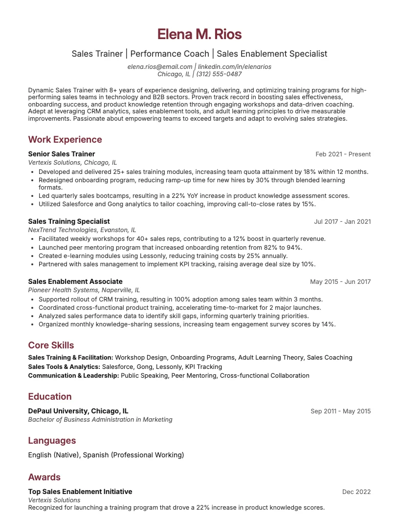 Sales Trainer Resume Example