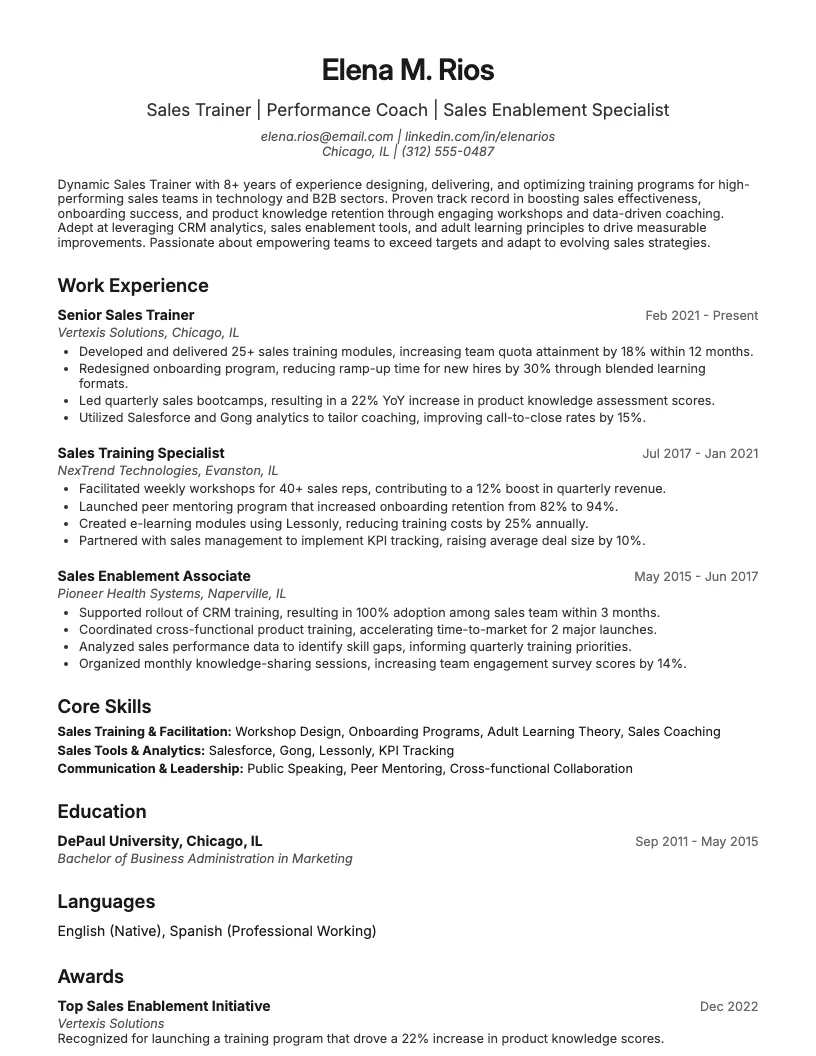 Sales Trainer Resume Example