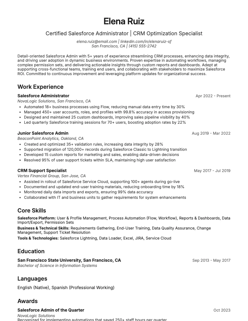 Salesforce Admin Resume Example