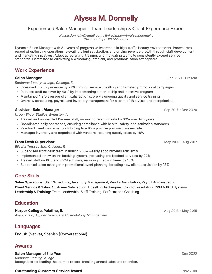 Salon Manager Resume Example