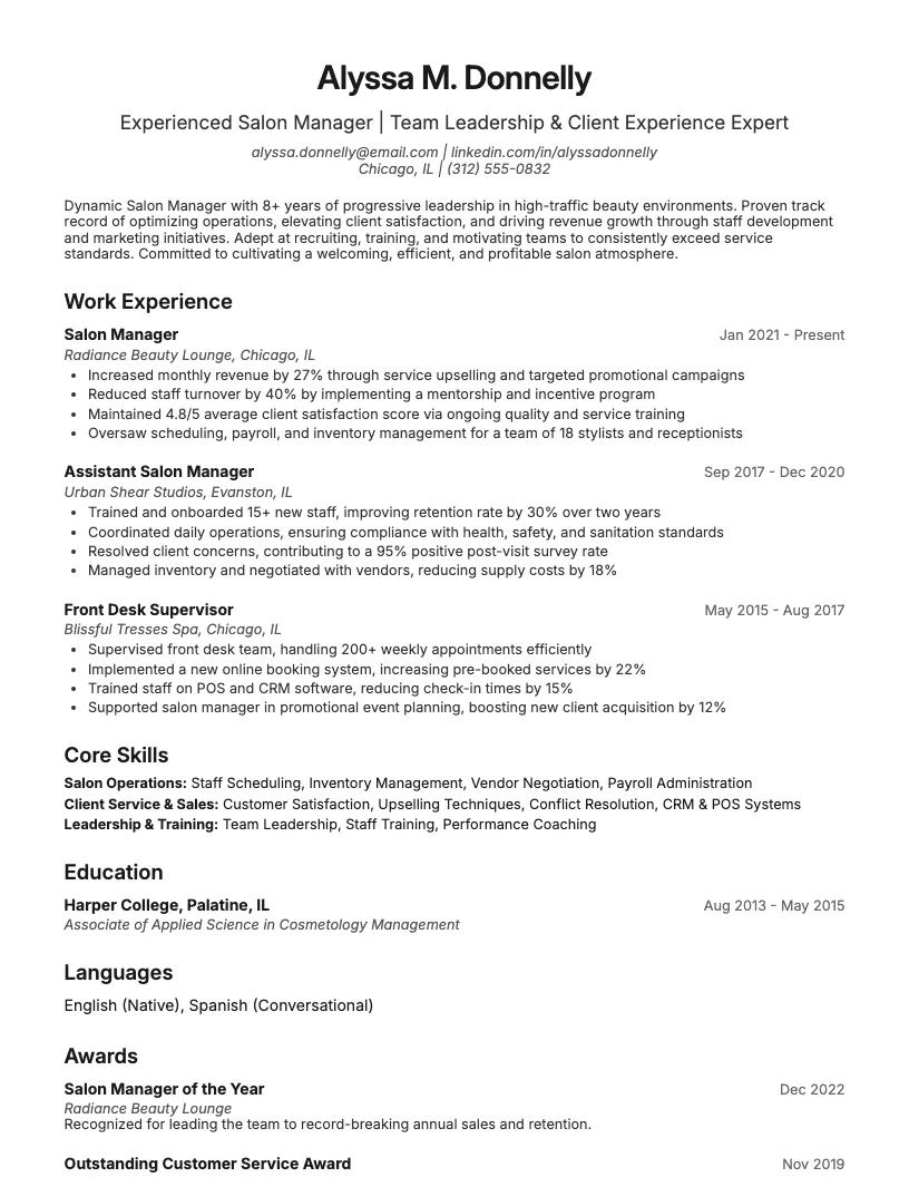 Salon Manager Resume Example