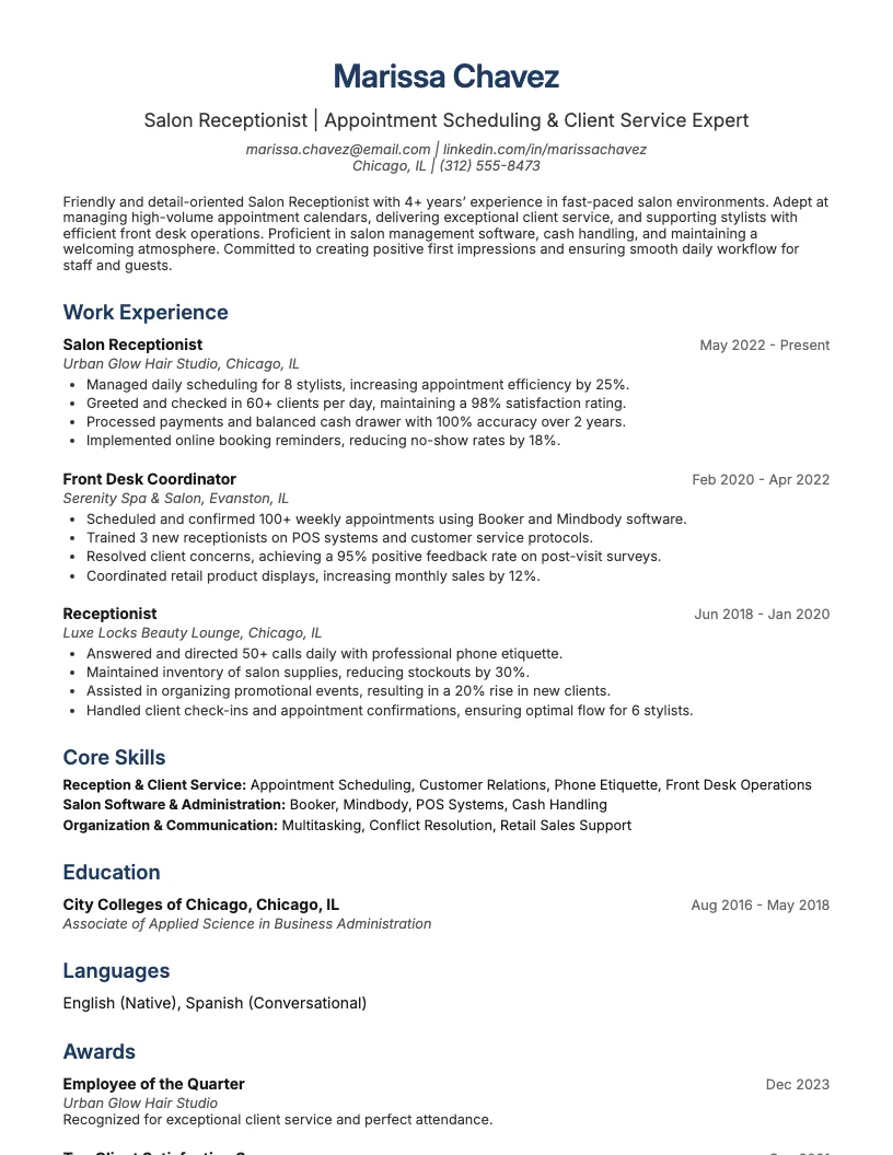 Salon Receptionist Resume Example