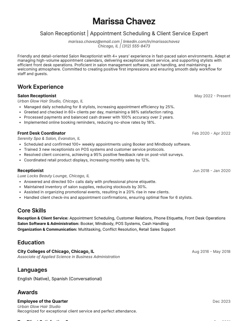 Salon Receptionist Resume Example