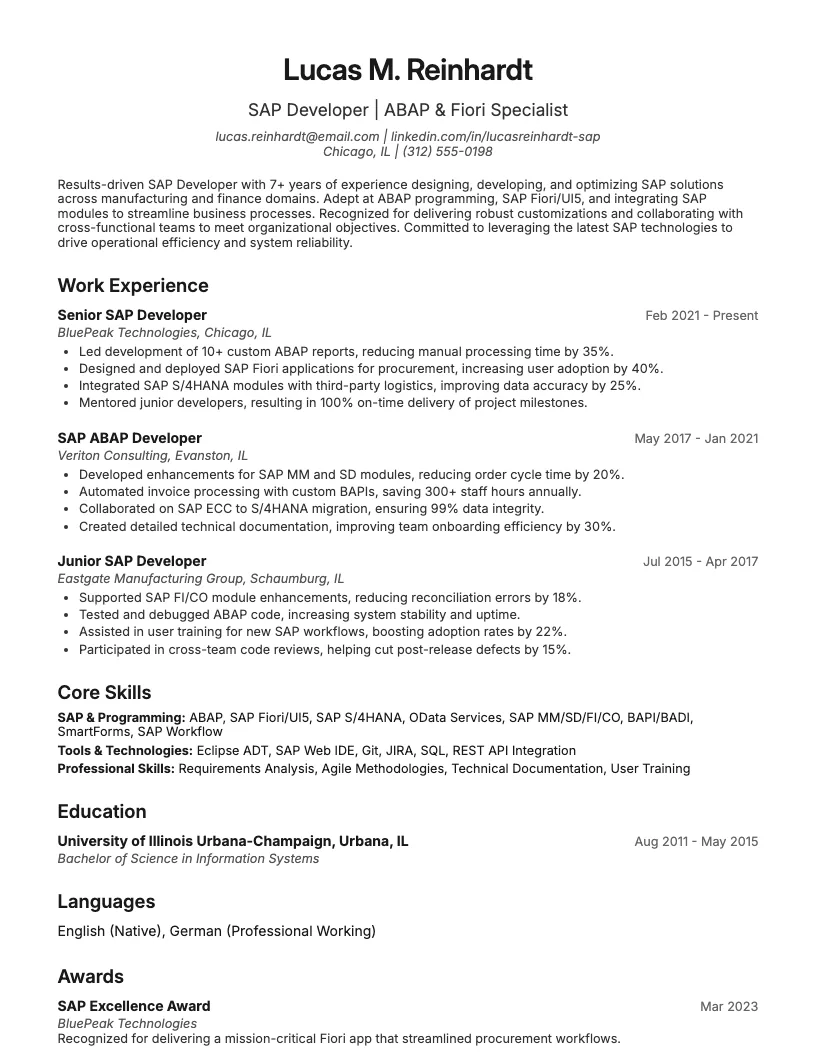 Sap Developer Resume Example
