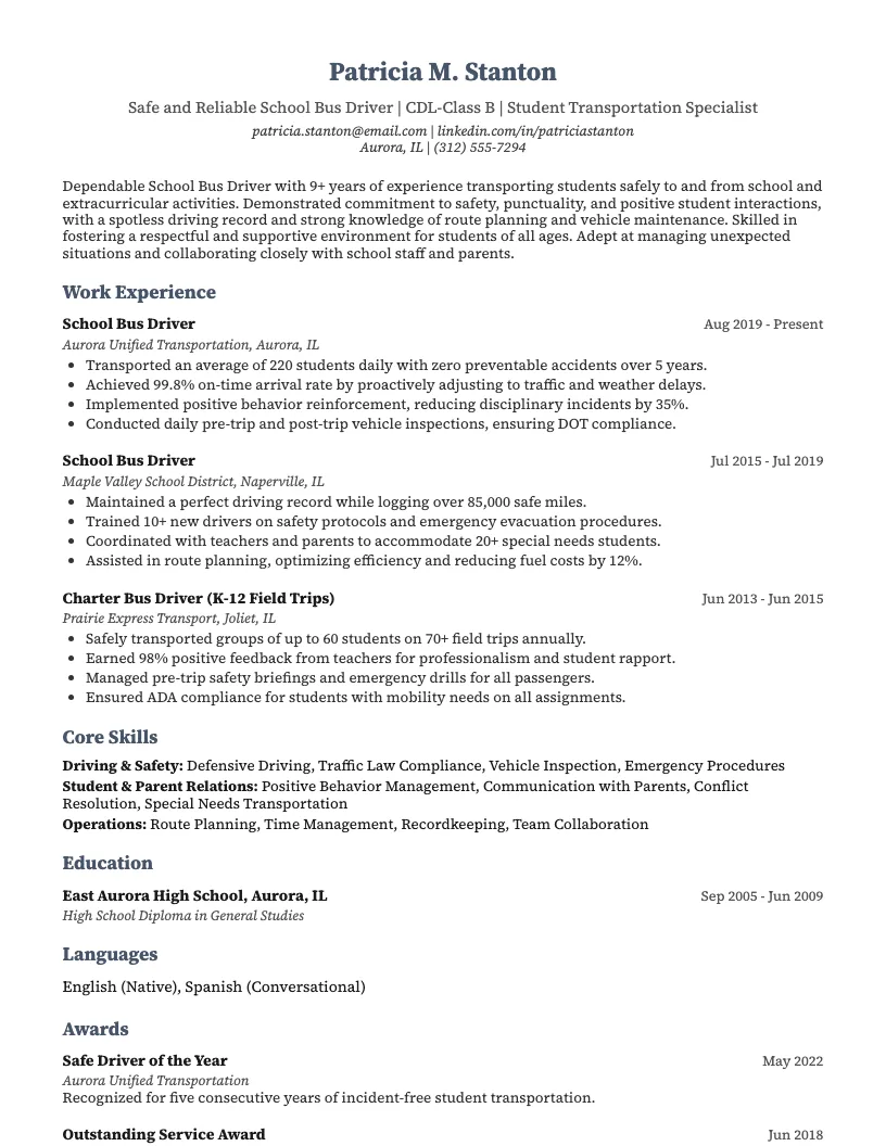 School Bus Driver Resume Example