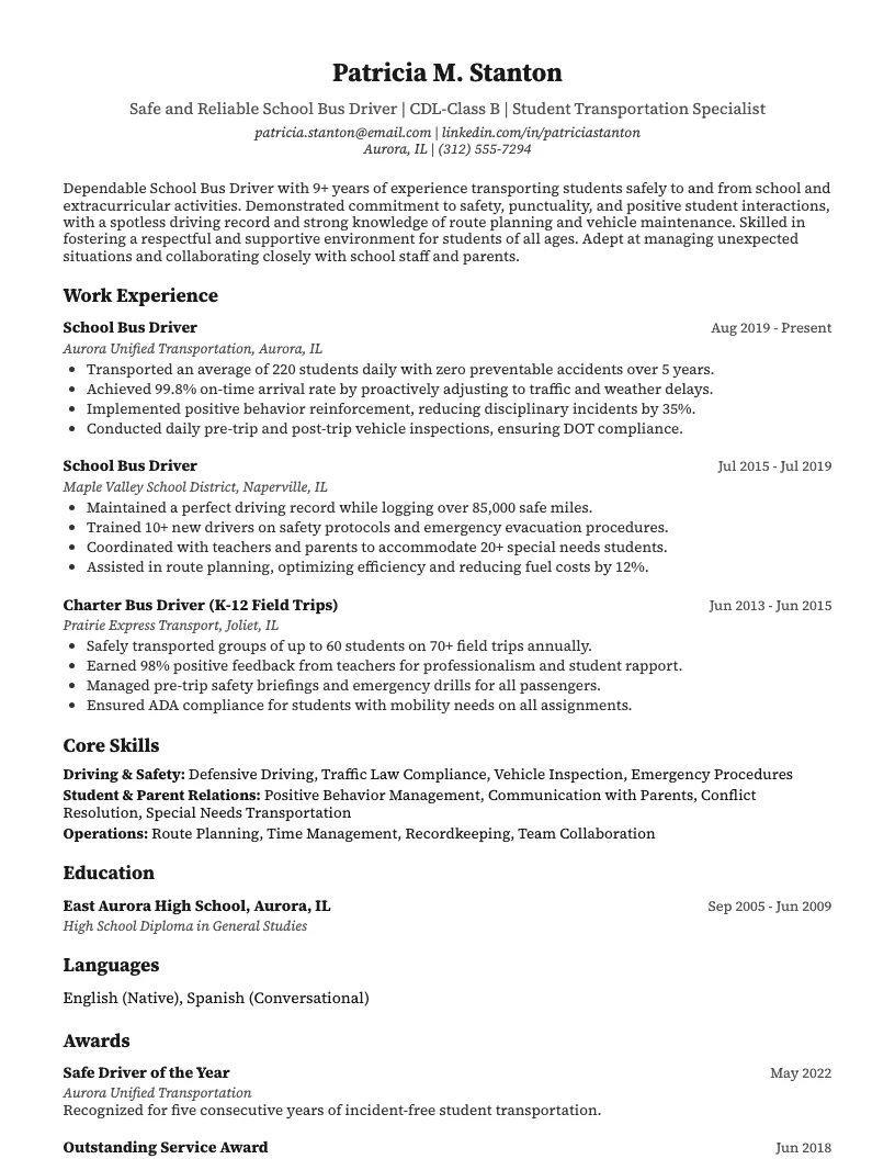 School Bus Driver Resume Example