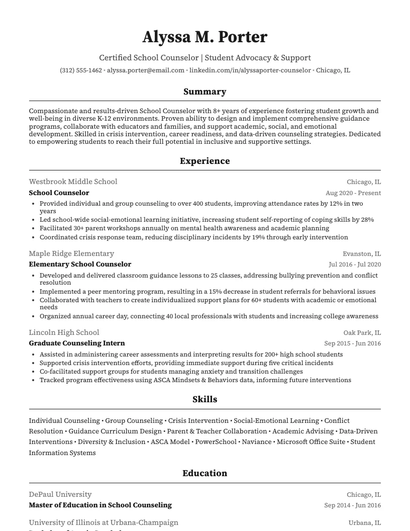 School Counselor Resume Example