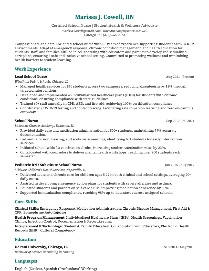 School Nurse Resume Example