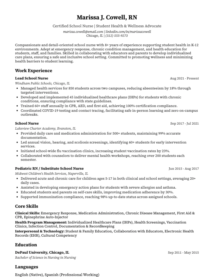 School Nurse Resume Example