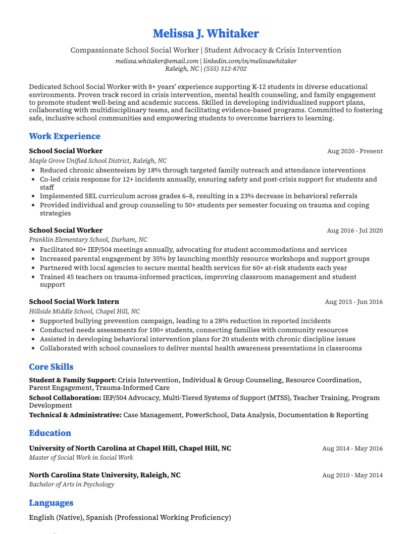 School Social Worker Resume Example