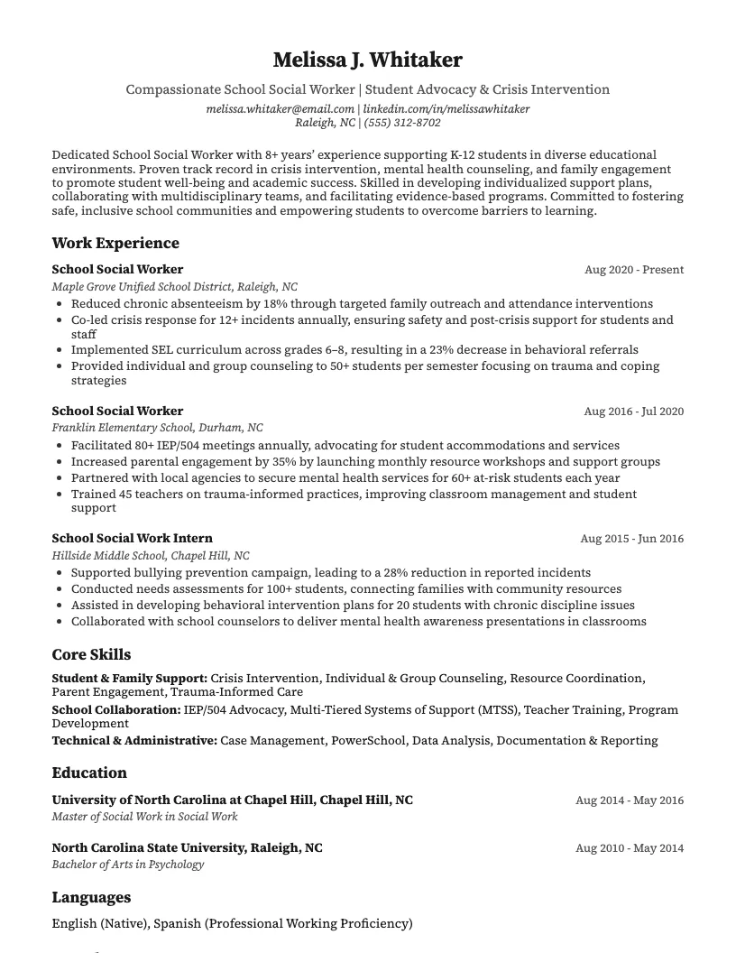 School Social Worker Resume Example