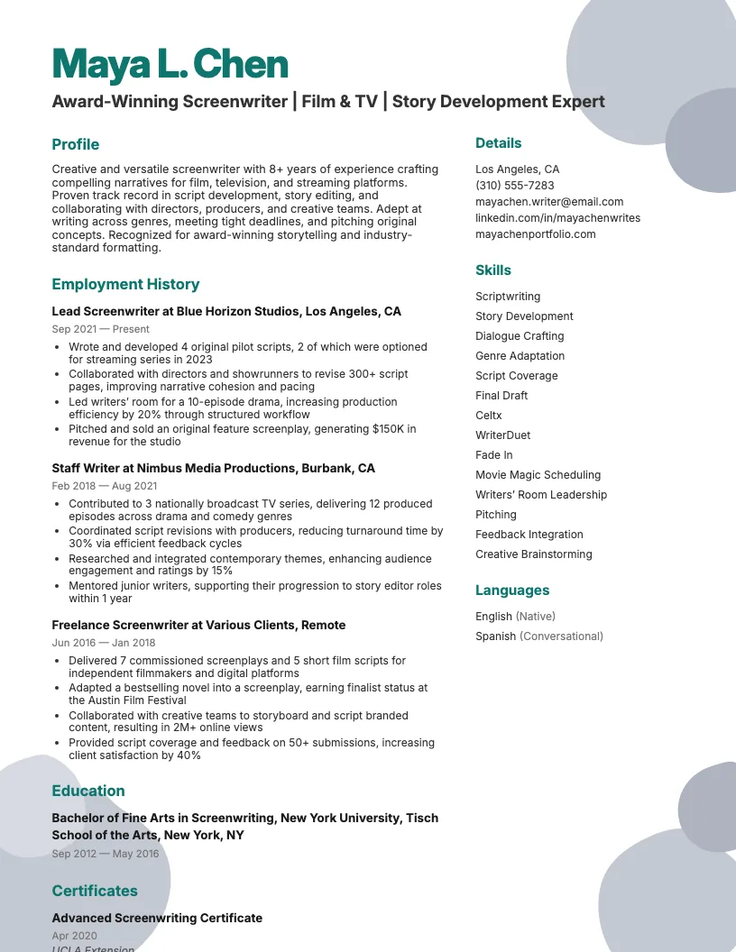 Screenwriter Resume Example