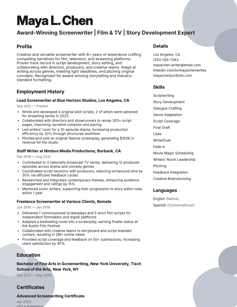Screenwriter Resume Example