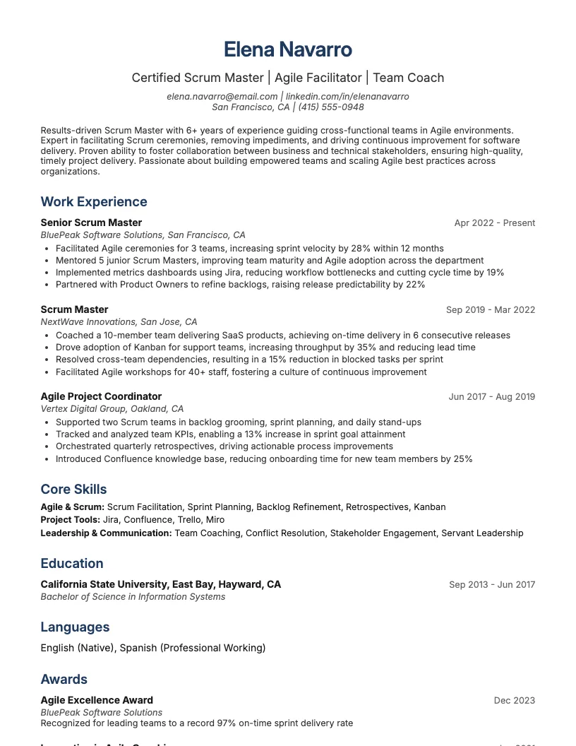Scrum Master resume example
