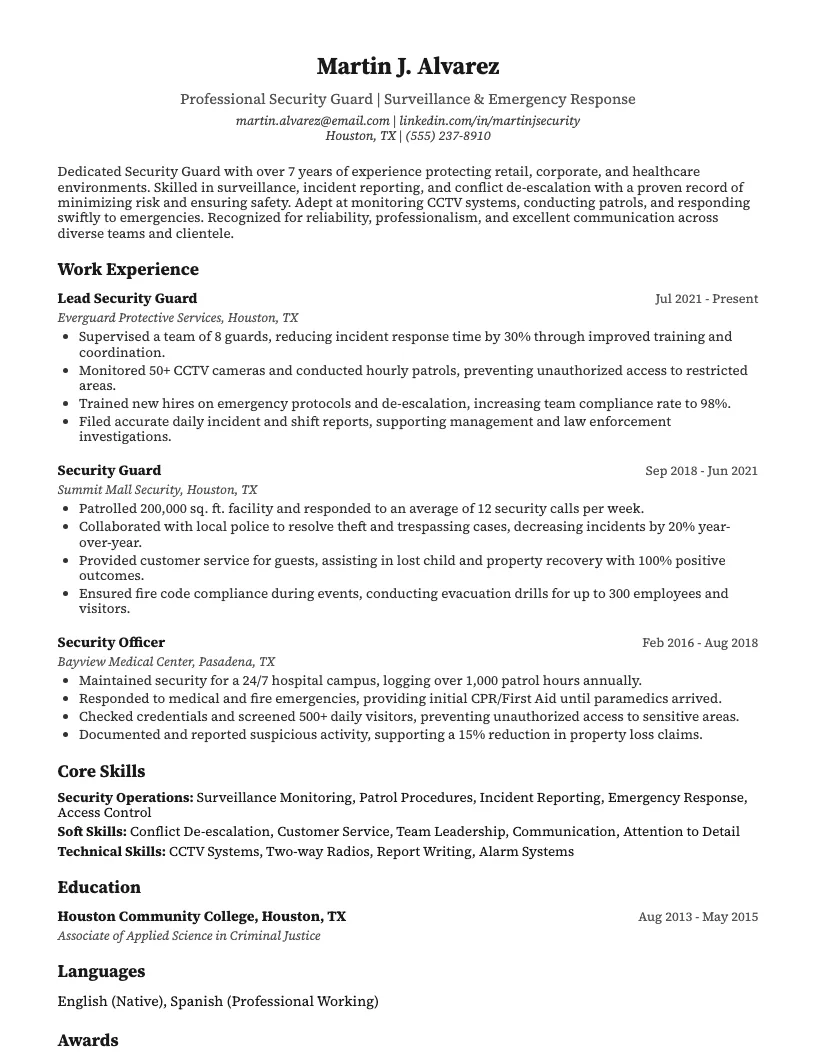 Security Guard Resume Example