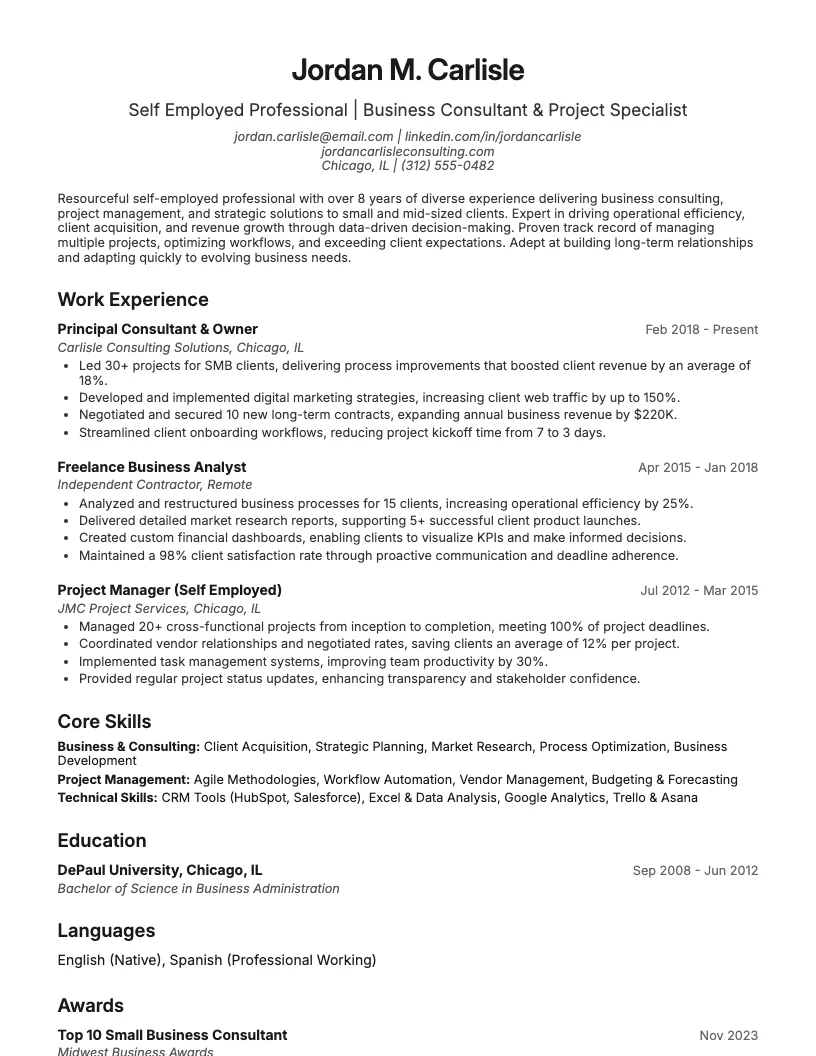 Self Employed Professional Resume Example
