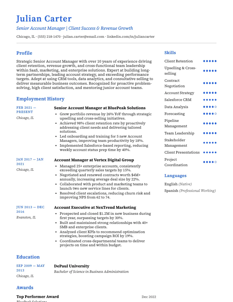 Senior Account Manager Resume Example