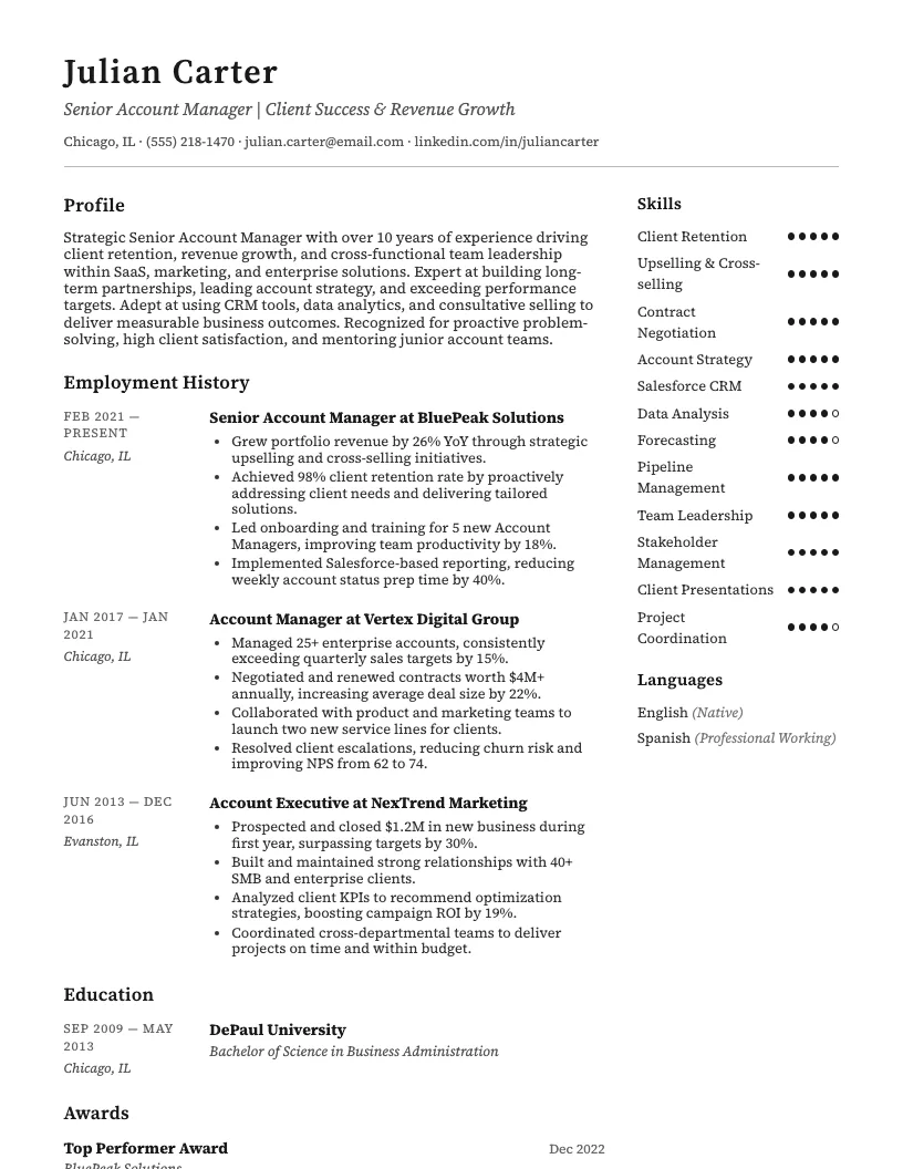 Senior Account Manager Resume Example